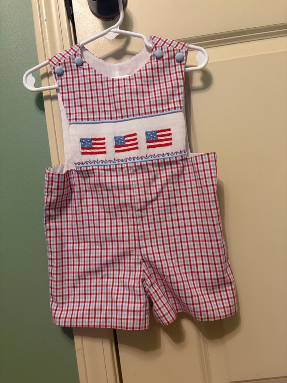 Red & Blue Check Smocked Baby Shortalls with Flag Motif